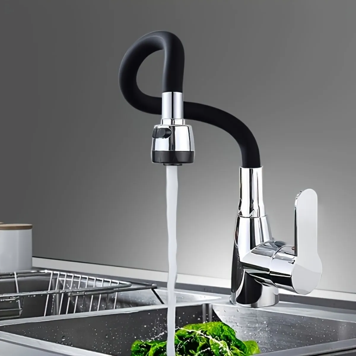 

360° rotating flexible kitchen sink faucet, polished chrome black, hot and cold water mixing faucet, RV kitchen faucet