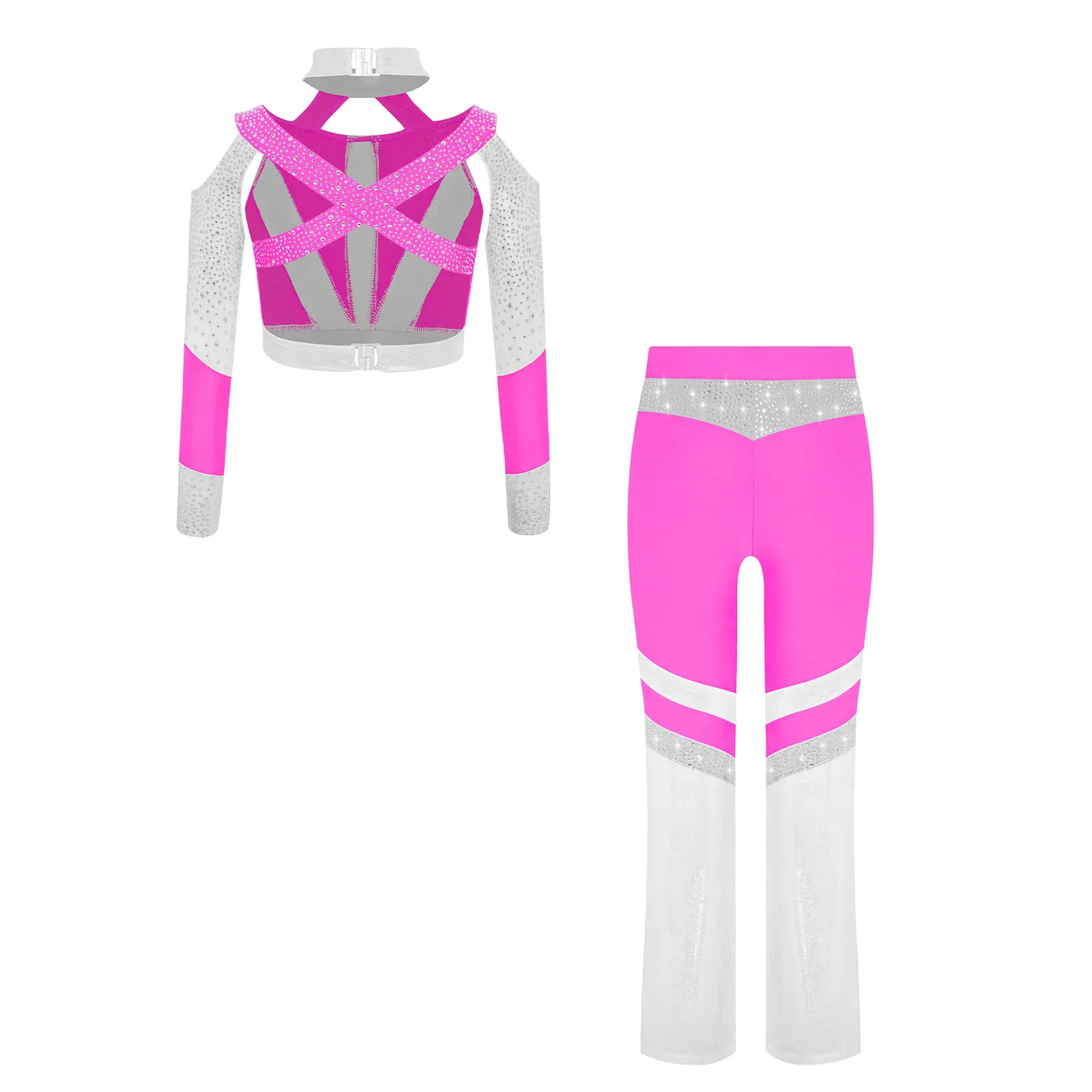 2Pcs/Set Kids Girls Gymnastics Acrobatics Dance Costumes Shiny Rhinestones Color Block Cross Back Cutout Crop Top+Flared Pants