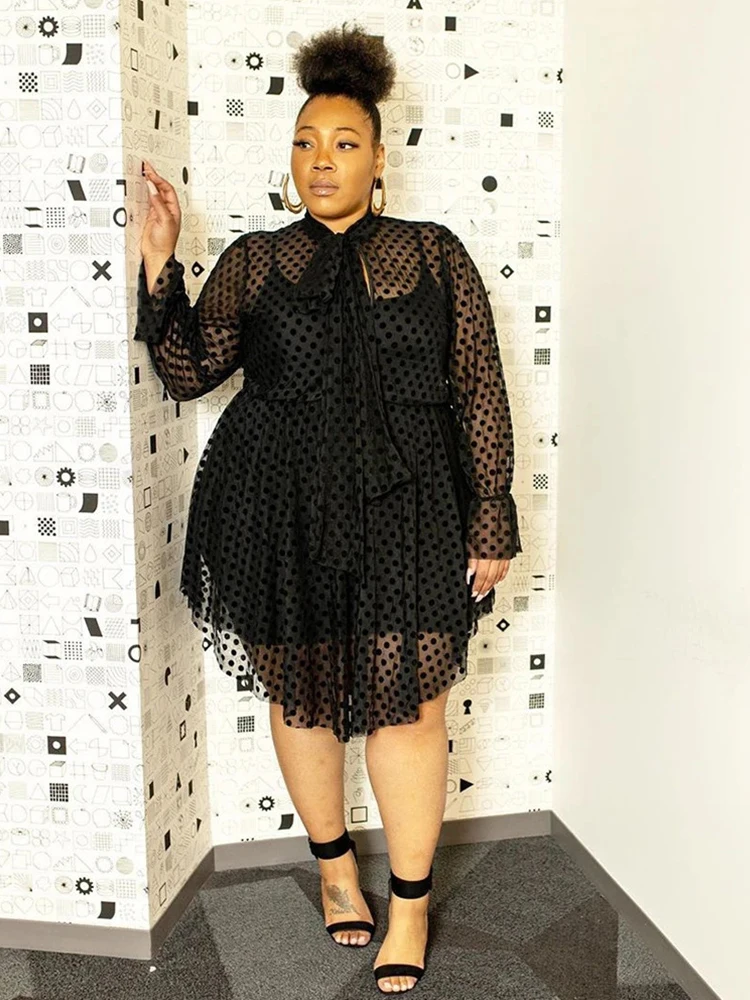 Lace Dress Women Sexy Plus Size Clothing Long Sleeve Mesh Dress with Lingerie Strap Black Midi Dress Wholesale Dropshipping