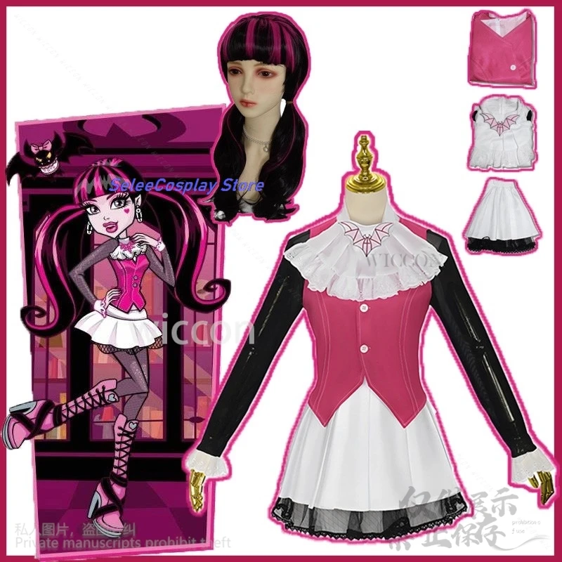 Anime Movie Monster Cosplay Draculaura Costume High Girl JK School Dress Pink Lolita Wigs Vampiree Halloween Christmas Roleplay