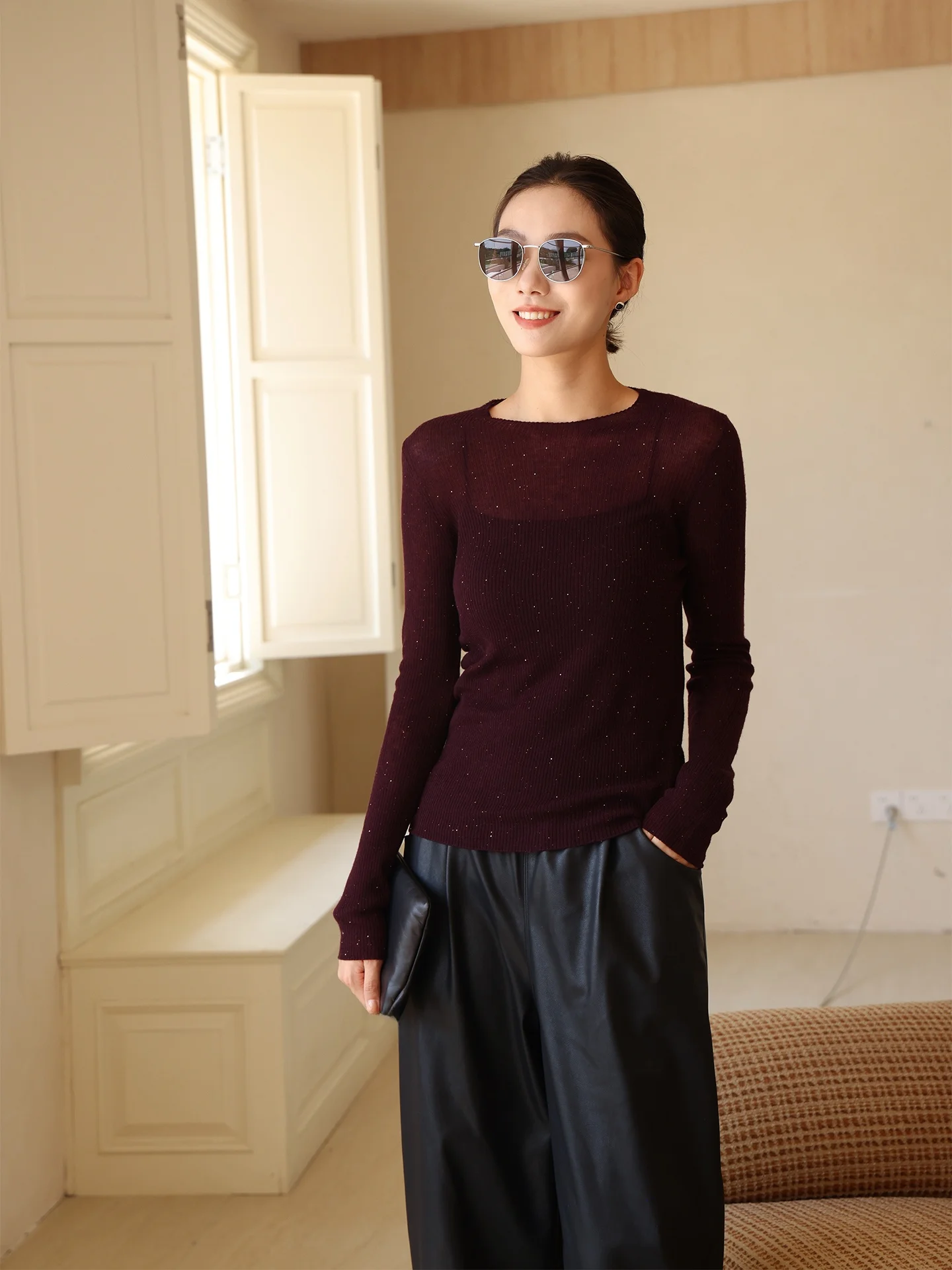 

Casual Woolen Knitted Sweater Thin Long Sve round Ne Slim Fit Spring Faion Set with Sequins by Zhou Zhou for Women
