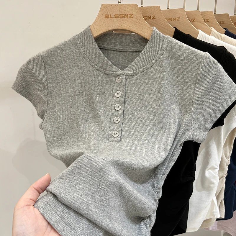بلوزة نسائية قصيرة الأكمام بأزرار مفتوحة ، ملابس نسائية ، تيشيرت أحادي اللون ، أساسي ، كاجوال ، نحيف ، نحيف ، قمم ، تي شيرت