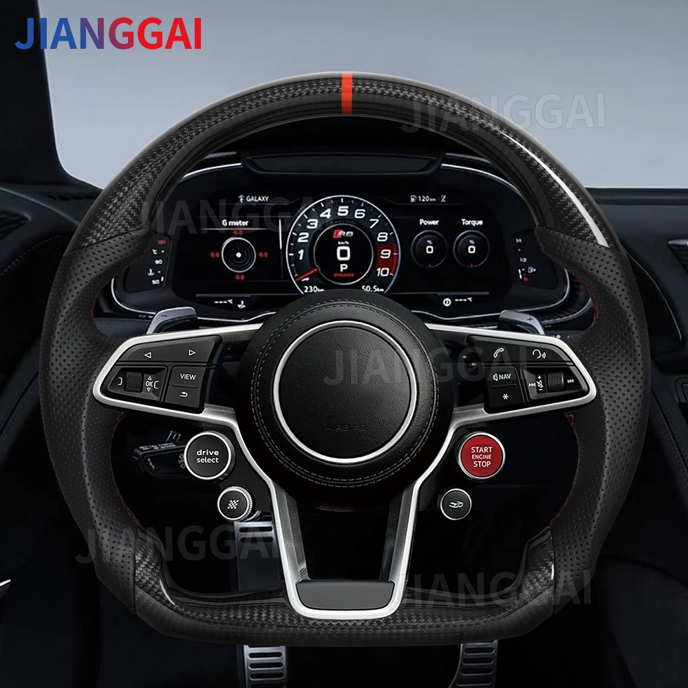 

Глянцевое рулевое колесо из настоящего углеродного волокна 3K для Audi R8 TT TTS TTRs 2016-2023, сухое рулевое колесо из углеродного волокна с отверстиями для весла