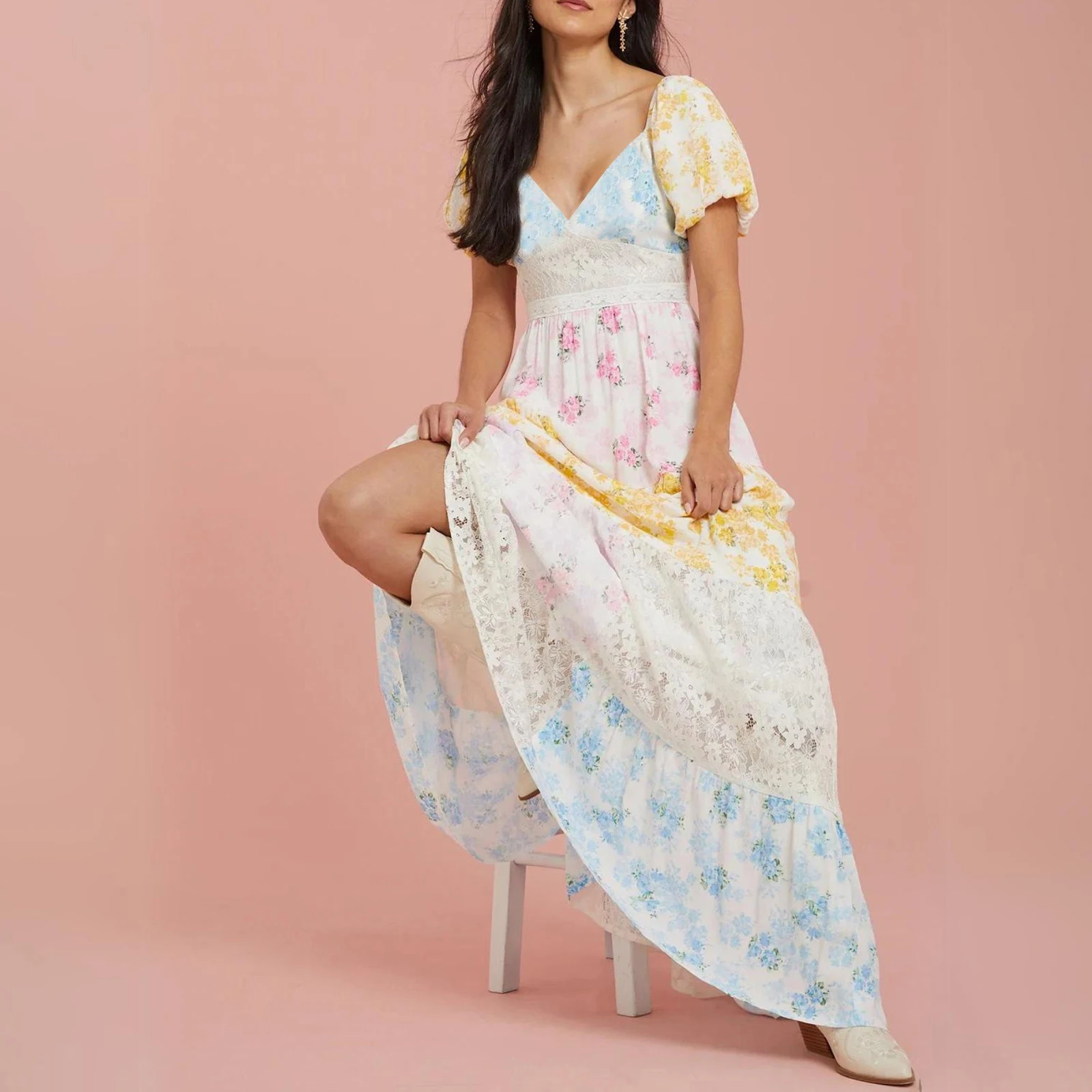 Nieuwe Dames Bloemenprint Lange Jurk Korte Pofmouwen V-hals Hoge Taille Flowy A-lijn Jurk Huidvriendelijk Hot Koop S M L