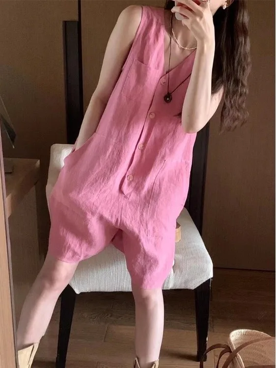 صيف جديد Sle العلامة التجارية الكبيرة الوردي الكتان زر واحد V-ne Svel واسعة الساق قطعة واحدة orts عادية مريحة المرأة...