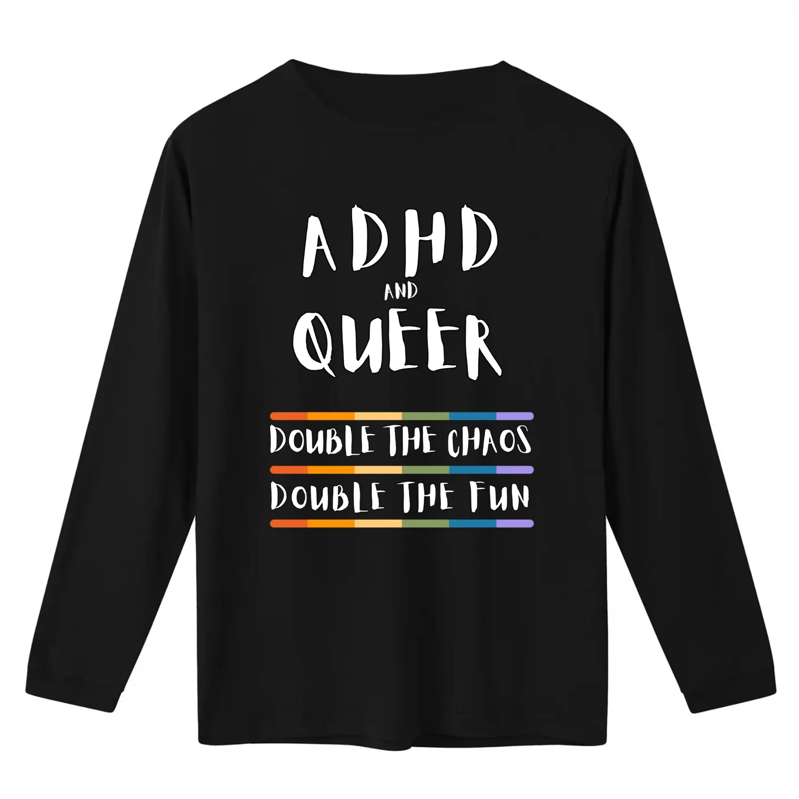Pride ADHD and Queer Double the Chaos Double the Fun Funny Neurodivergence Print T-Shirt Summer Casual Cotton Tee