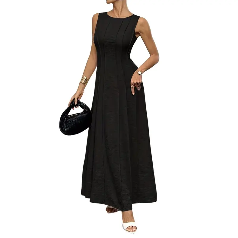 

CYL-Womens Tank Maxi Dress Sleeveless Crew Neck Summer Folds Dresses Formal A Line Modest Party Dress