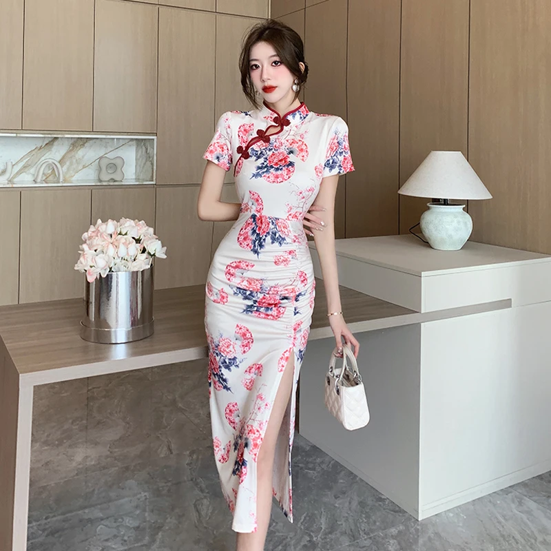 

Women Elegant Split Qipao Dress Chinese Style Retro Printed Slim Cheongsams Lady French Sexy Party Dresses Vintage Vestidos