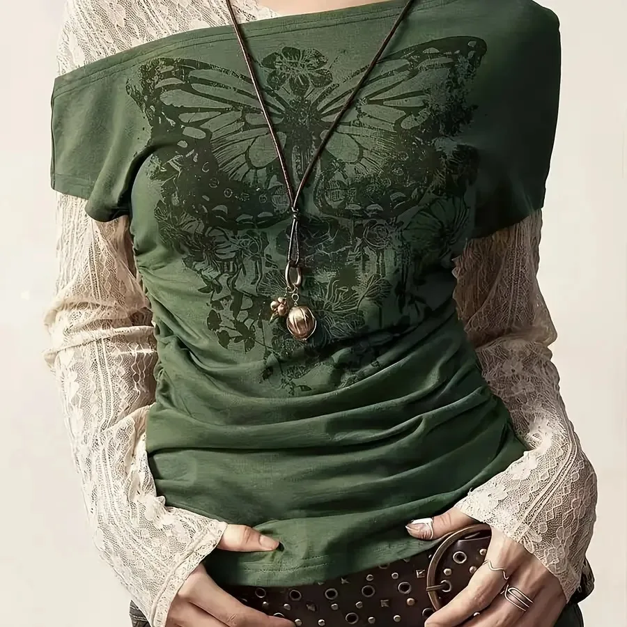 

Модная повседневная футболка 2026 года • Эластичная • С кружевными вставками • С принтом, имитирующим двухслойность • С длинным рукавом