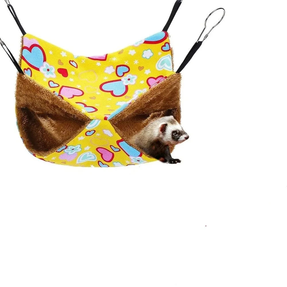 Hamaca para hámster de doble capa con estampado de dibujos animados, saco de dormir grueso y cálido para mascotas, jaula oculta para hámster con estampado polar acogedor para mascotas pequeñas