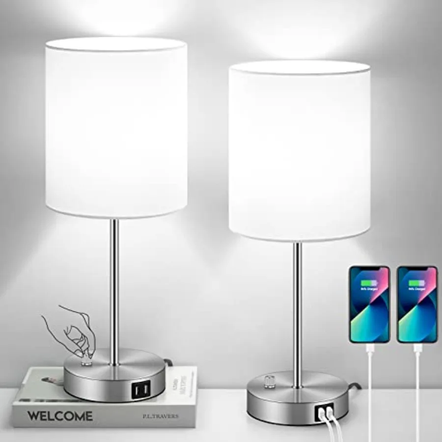 

Set of 2 Table Lamps with USB Ports, White Bedside Lamps with AC Outlet, Modern Nightstand Lamps with Rotary Switch, Minimalist