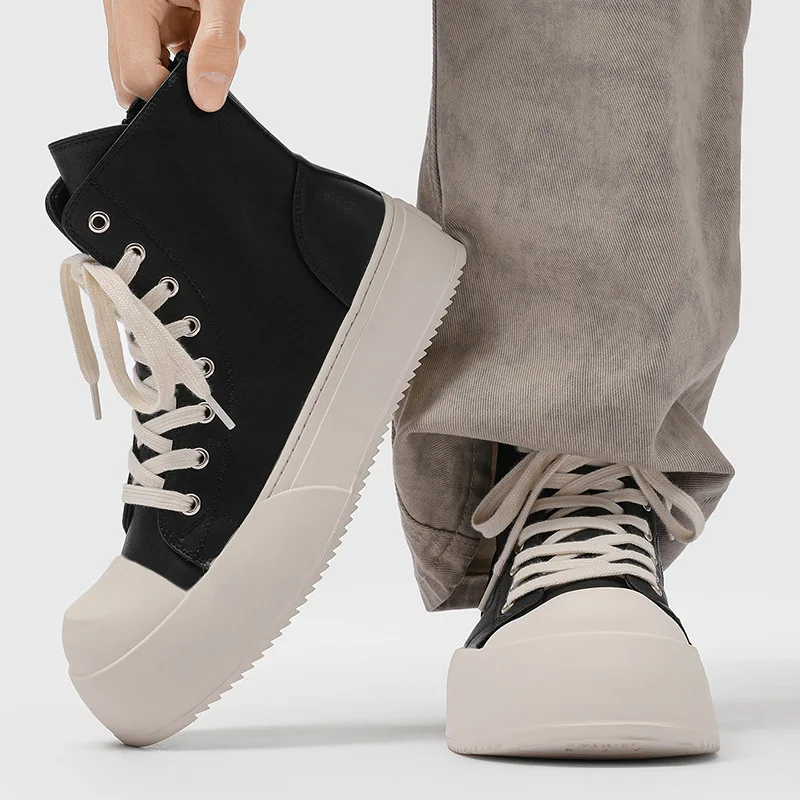 Korean style men casual original leather boots lace-up flats shoes cowboy spring autumn platform boot street stylish ankle botas
