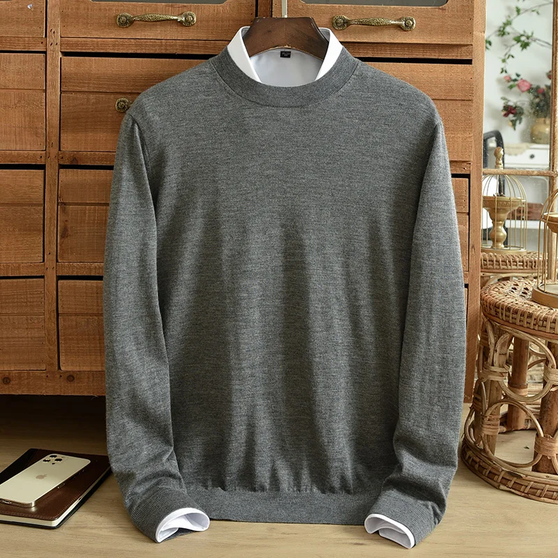 Autumn men's pure cashmere sweater, worsted thin base, round neck, Korean version, slim fit, middle-aged and high-end sweater