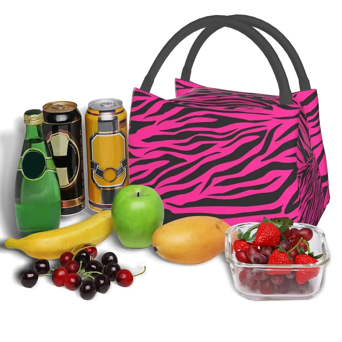 Pink Zebra Print Insulated Lunch Bag Reusable Thermal Bento Tote Cooler Picnic Handbag for Women Girls Office School Travel