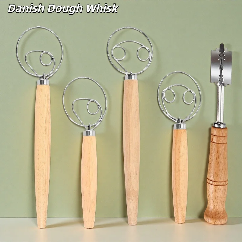 304 Stainless Steel Dough Whisk with Smooth Wooden Handle Sourdough & Bread Mixing 13 Inch Danish Dough Whisk Bread Tools