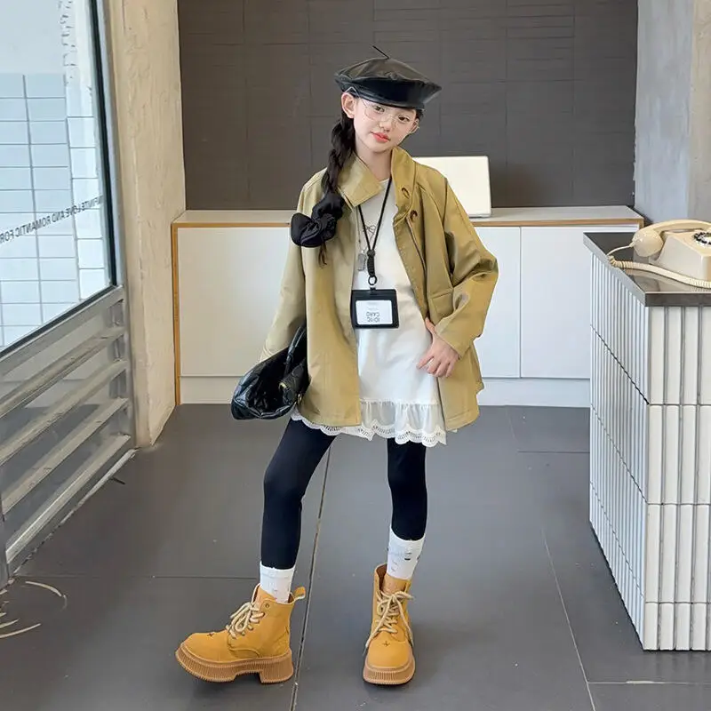 

Kawaii Girl Coat Student Fashion Spring and Autumn Anime Casual Mid-Length Lapel Long Sleeves Trench Coat Children's Clothing