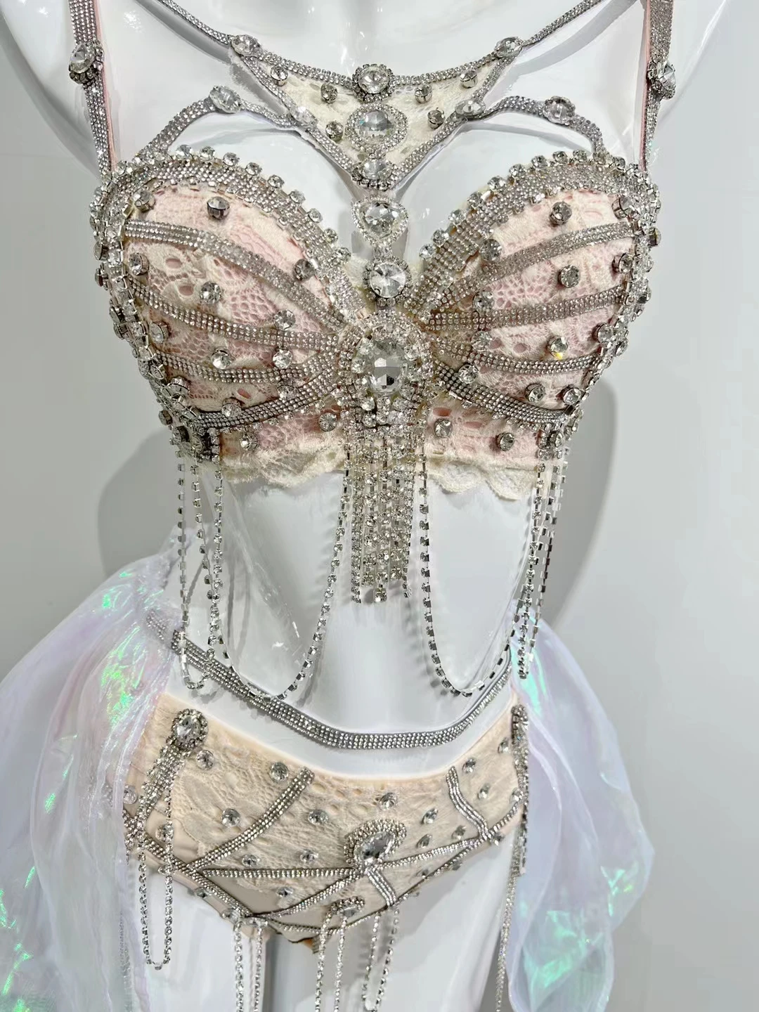 バーナイトクラブポールダンスコスチューム光沢のあるラインストーンチェーンタッセルビキニレイブ衣装音楽祭クラブパーティーショー服