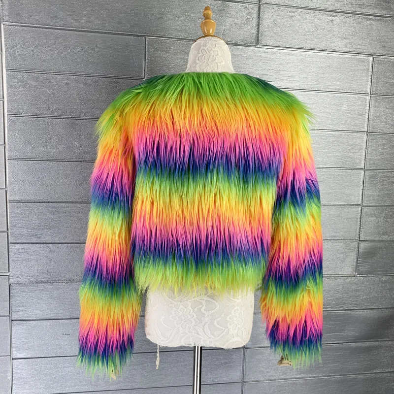 Winter Clothes Women 2024 Rainbow Colored Artificial Fur O Neck Fake Fur Jackets Short Long Sleeve Fluffy Coat Loose Jacket Chic