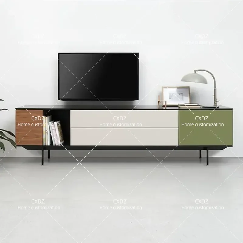 Light Luxury TV Cabinet with Color Matching Paint Audio Visual Floor Storage Unit for Small Apartment Living Room Coffee