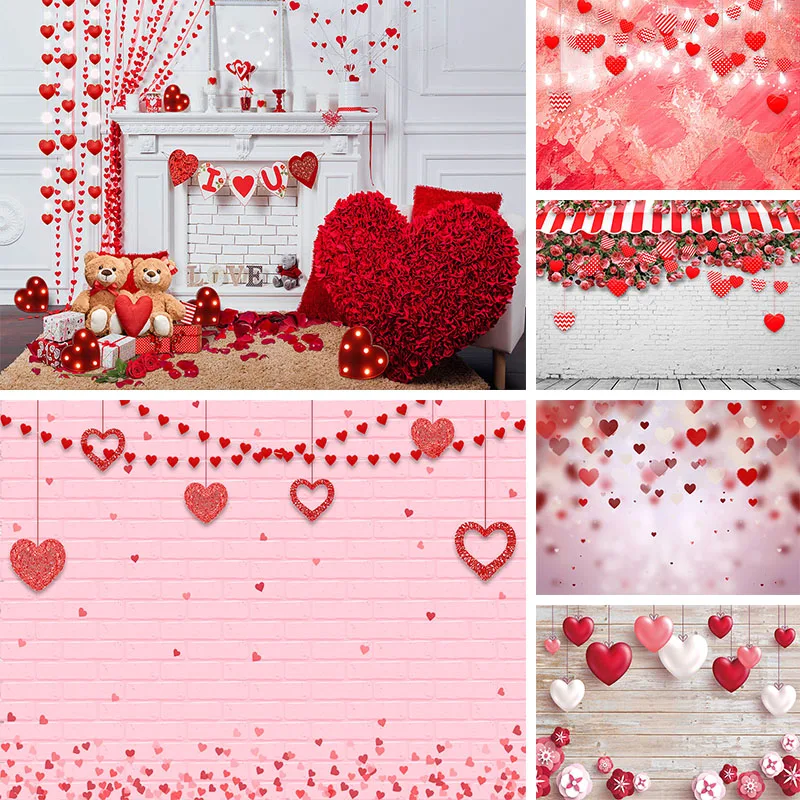 

Pink Brick Wall Valentines Day Backdrop Red Rose Flower Love Heart Balloon Background Party Decoration Portrait Photo Booth Prop