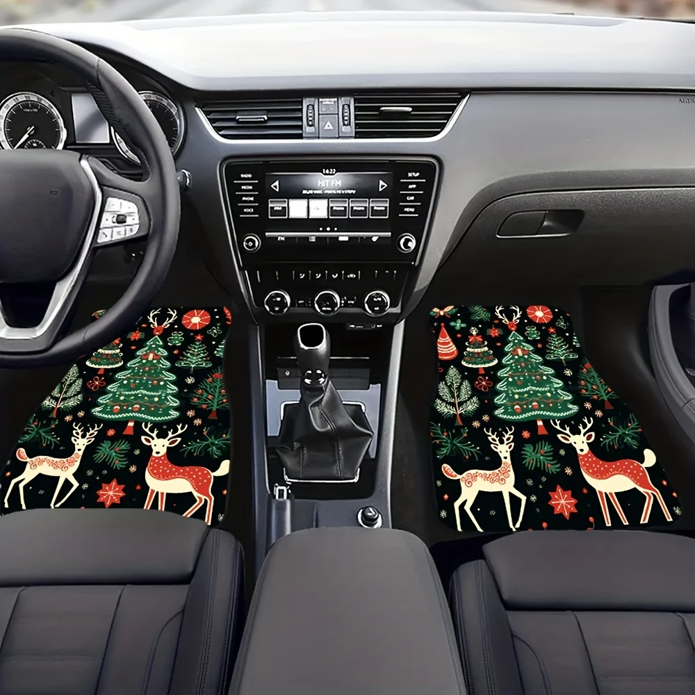 4pcs Christmas Reindeer And Tree Pattern Car Floor Mats - Front And Rear Seat Protection Mats, Festive Holiday Car Interior Deco