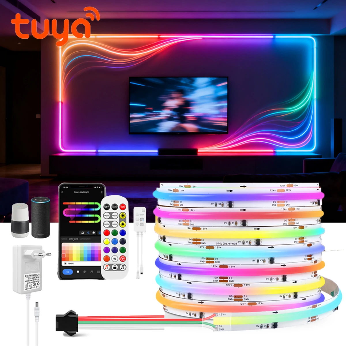 12V Smart Tuya WIFI Light COB RGBIC LED Strip Ambinet Decor Dream Color Flow Water Addressable Immersive Gaming Atmosphere Light