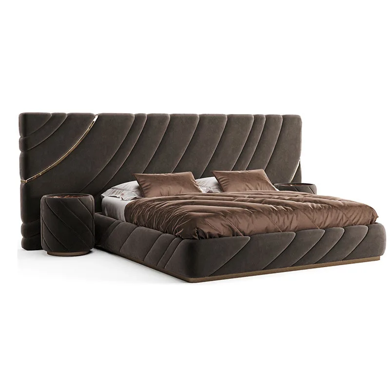 #￥MR Luxury Bedroom Furniture Golden Stainless Steel Bed Extend Headboard Leather Bed Frame King Queen Size