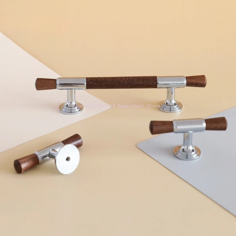 Modern Chrome  Cabinet Knobs and Handles Fashion Drawer Knobs Pulls Furniture Handle Natural Walnut Wood Door Hardwar