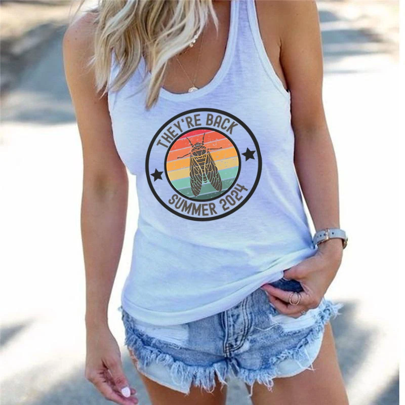 Short Tops Woman Vintage Cicada Print Racerback Tank Top 2024 Cicada They Are Back Summer 2024 Graphic Tanks Women Summer Outfit