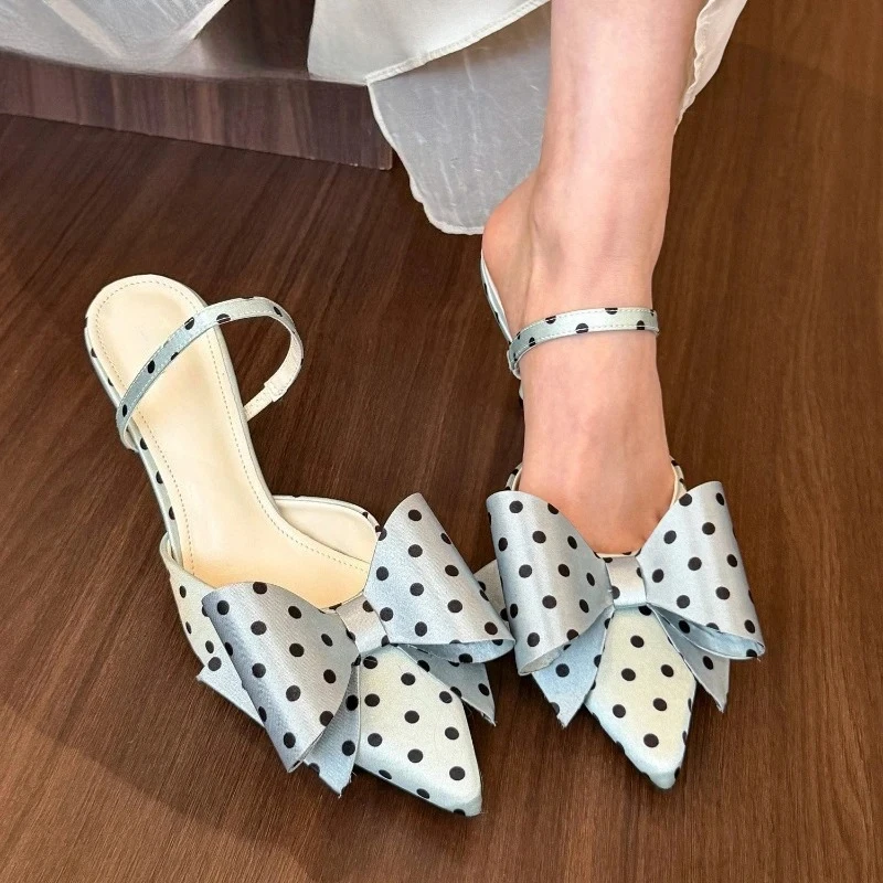 Luxury Summer Slip On High Heel Dot Women Sandals Fashion Butterfly-knot Singbacks Pumps Elegant Stripper Party Female Sandalias
