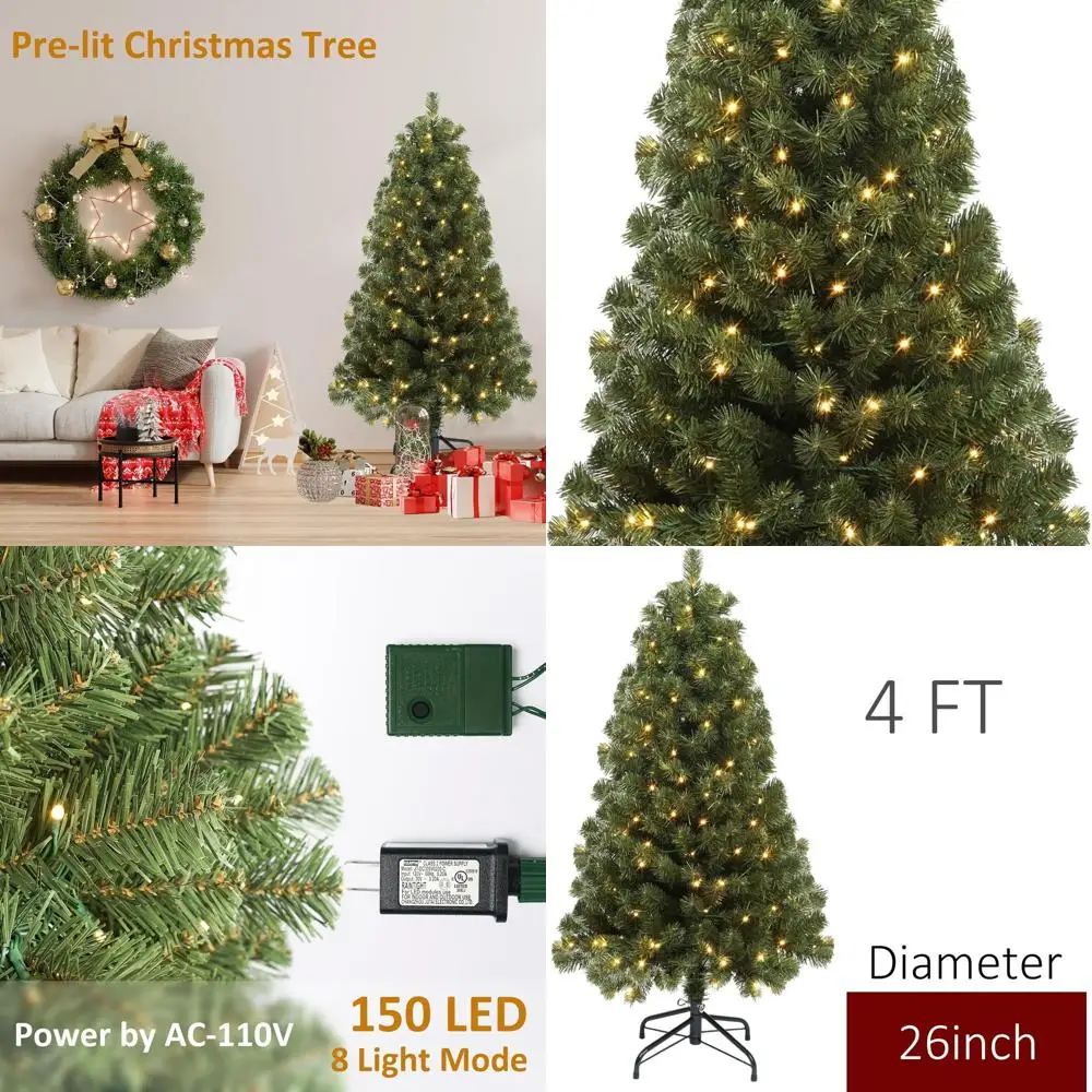 

4-Foot Artificial Christmas Tree with 150 LED Lights, Hinged Branches, and Metal Stand for Home Holiday Decor