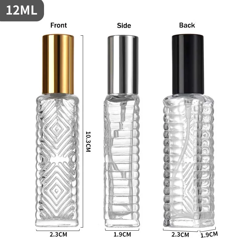 12ml Perfume Bottle Long Square Diamond Pattern Transparent Glass Spray Bottle Portable Cosmetic Sample Dispensing Empty Bottle