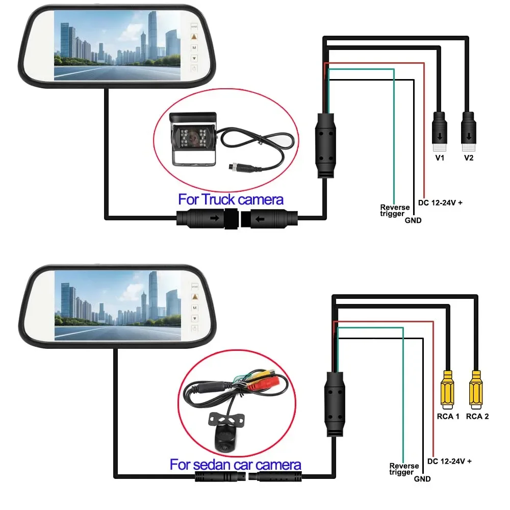 Carsanbo 7Inch Rearview Mirror Monitor With RCA Interface Supports AHD CVBS Signal For RV Truck Bus 2 Ways Video Input