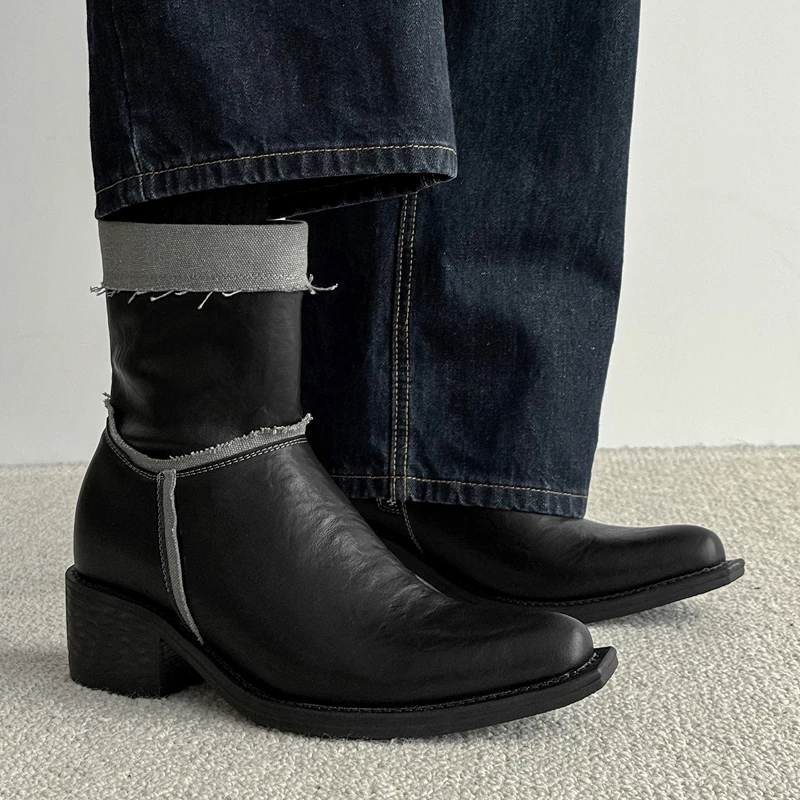 New Men High Top Chelsea Boots Black High Heels Side Zipper Casual Business Fashion Pointed Boots Brand Social Boots Sizes 38-44