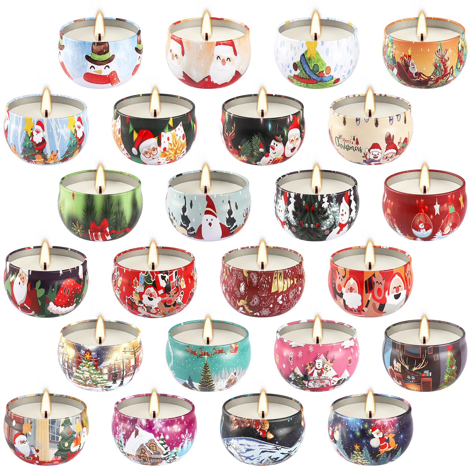 24 Christmas Scented Candles (10.6 inches x 4.8 inches) - Tin Scented Candles. A delicate gift box set, made with soy wax and essential oils. The perfect gift for Christmas, teachers, mothers, and family members.
