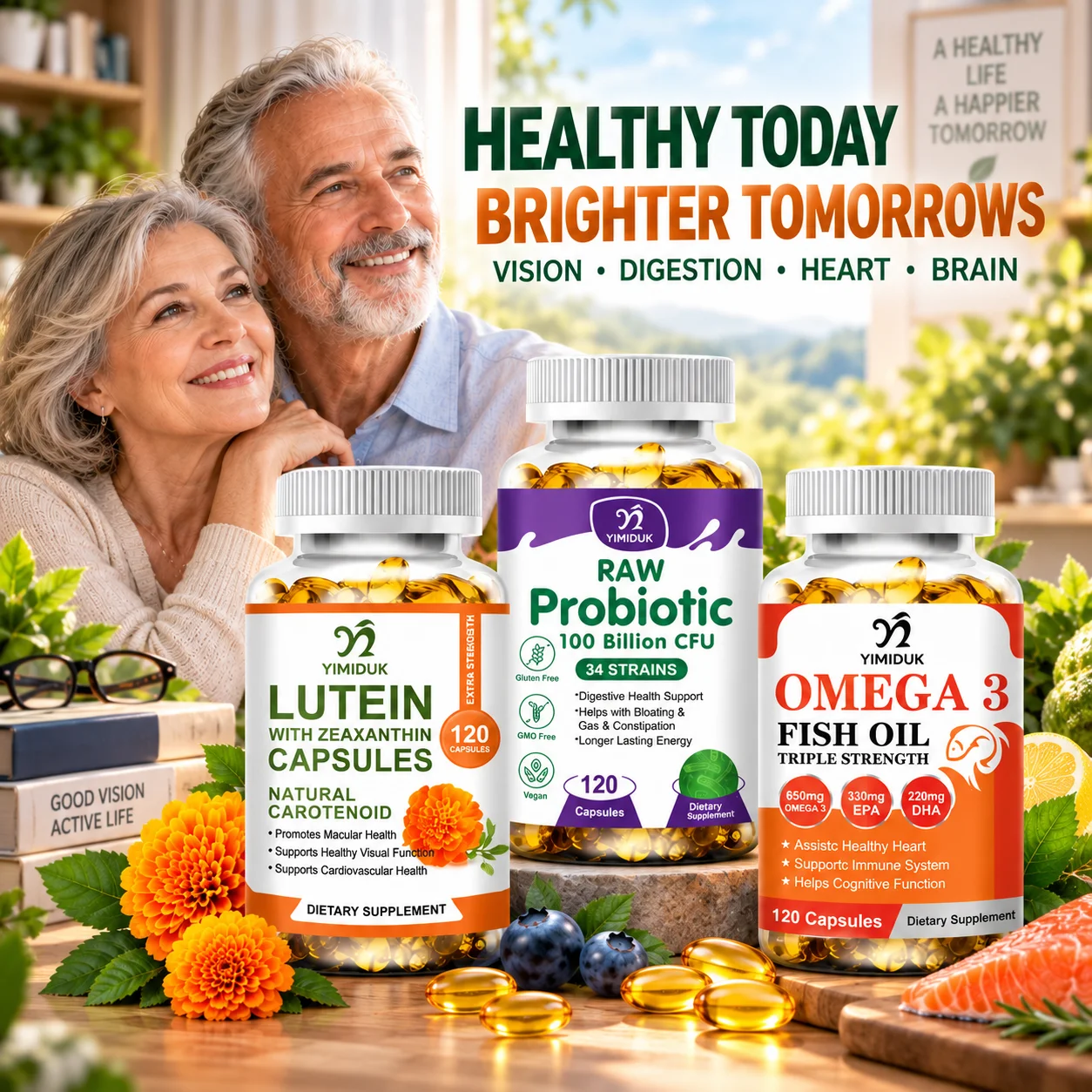 Multi-Supplement, Eye Care Lutein Capsules, Omega3 Fish Oil for Cardiovascular Health, Raw Probiotic Ease Digestive Discomfort