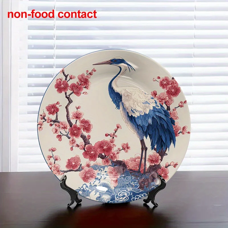 1pc 8-Inch Round Ceramic Hanging Wall Art Plate, Vintage Decorative Heron and Plum Blossom Design, Non-Food Contact Jewelry