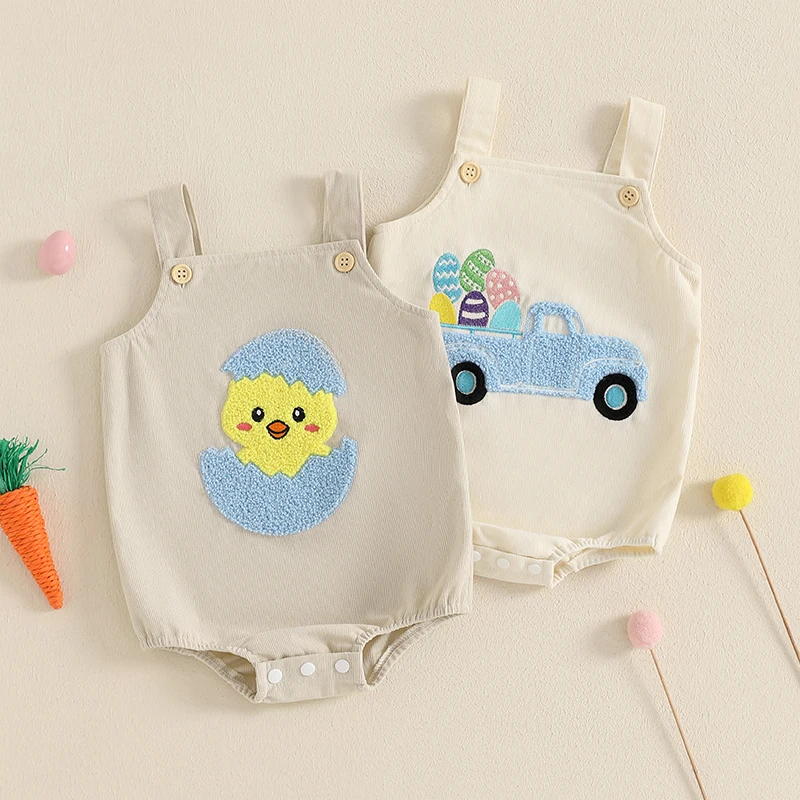 Baby Easter Romper Sleeveless Square Neck Chick/Truck Embroidery Bodysuit Spring Newborn Overalls Toddler Infant Jumpsuit