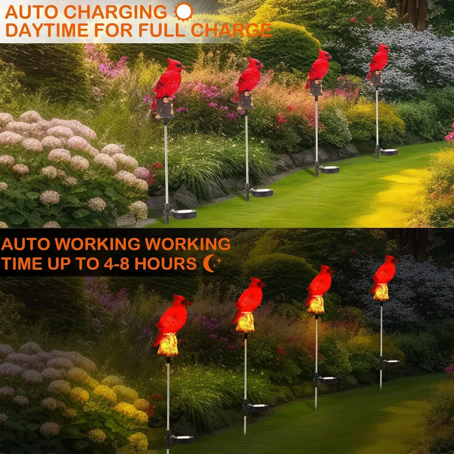 Paquete de 4 luces solares de estaca cardeal, decoración de jardín de pájaros rojos, adornos de césped para caminos al aire libre para regalos de Navidad y Acción de Gracias