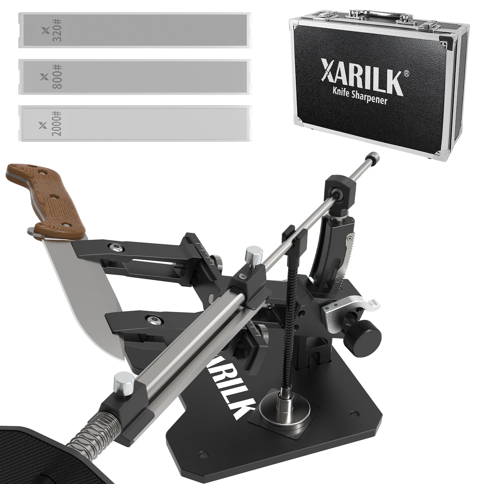 XARILK Professional Knife Sharpening System with Guide Rod Stand & 3 Diamond Stones (320/800/2000 Grit) - Fixed Angle Sharpener