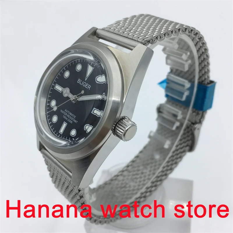 BLIGER 38mm caja esmerilada cúpula AR vidrio recubierto Vintage esfera luminosa negra 24 gemas NH35A PT5000 reloj mecánico automático para hombre