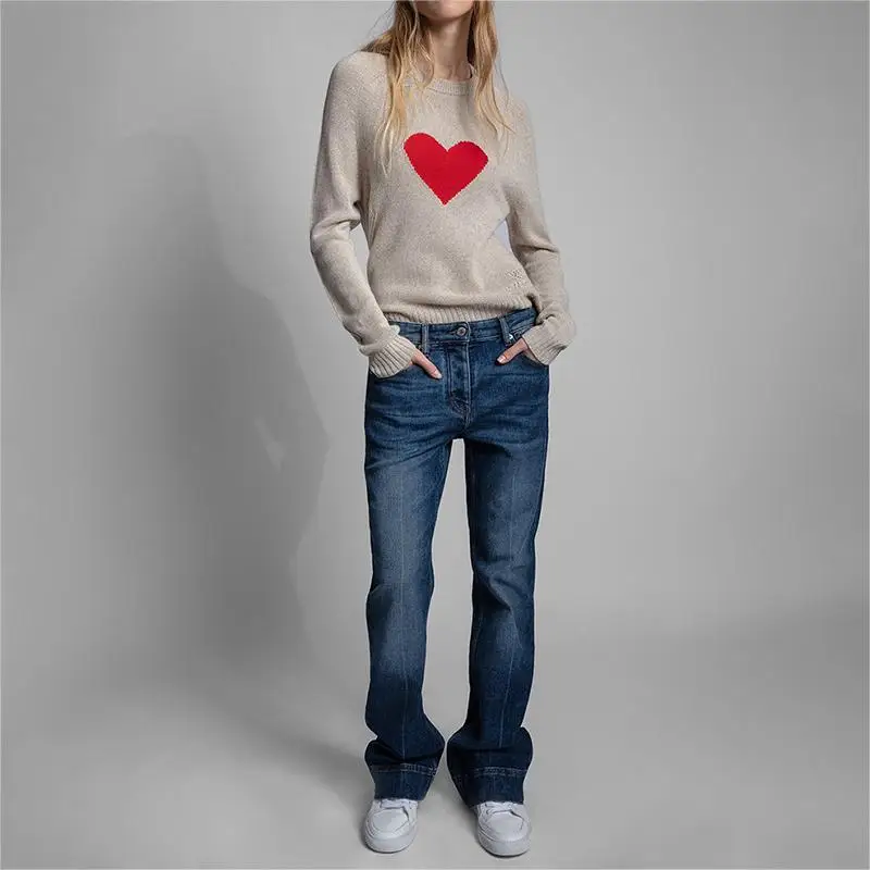 Zadig Heart Sweaters Embroidery Women Sweaters Autumn Winter 0-Neck Long Sleeve Knitted Female Sweatshirt Khaki Pullover Tops