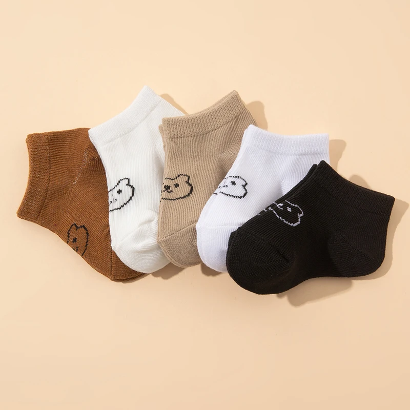 5 Pairs of Baby Socks, Cute Bear-Pattern Elastic Ankle Socks, Neutral Baby Socks, Soft and Suitable for Newborns