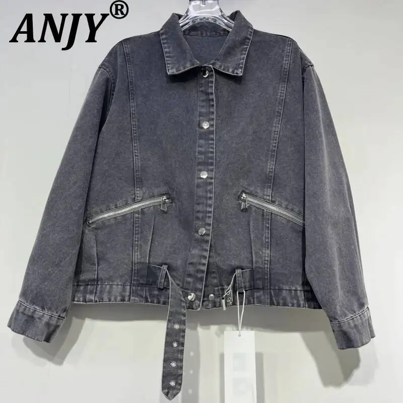 ANJY Spring Autumn New Women Retro Safari Style Washed Zipper Ribbon Design Denim Jacket High Street Loose Versatile Coat A25222
