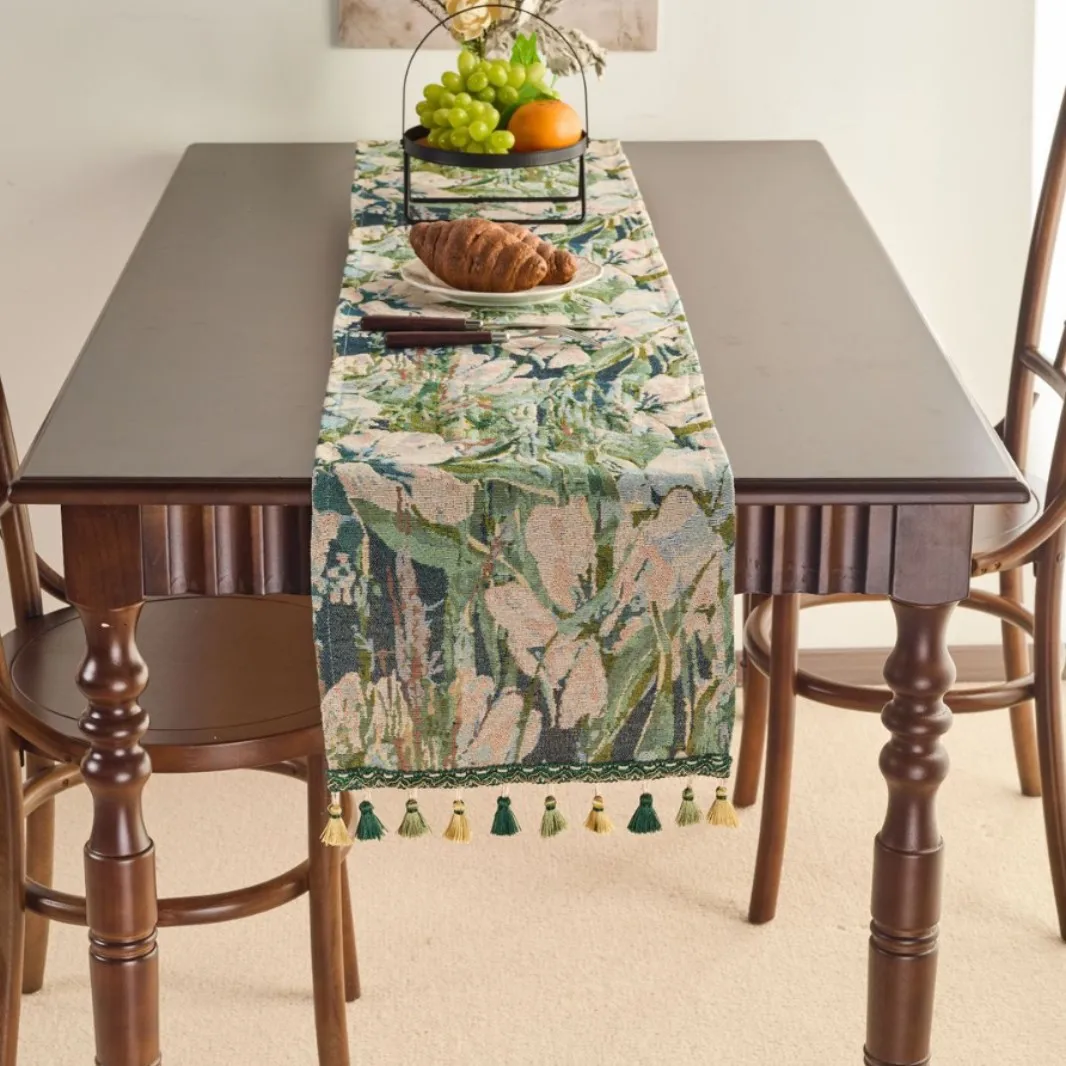 Table Runner Rural Style Monet Oil Painting Green Tea Flag Cloth Tea Room Decoration Bucket Cabinet Long Dining Flag