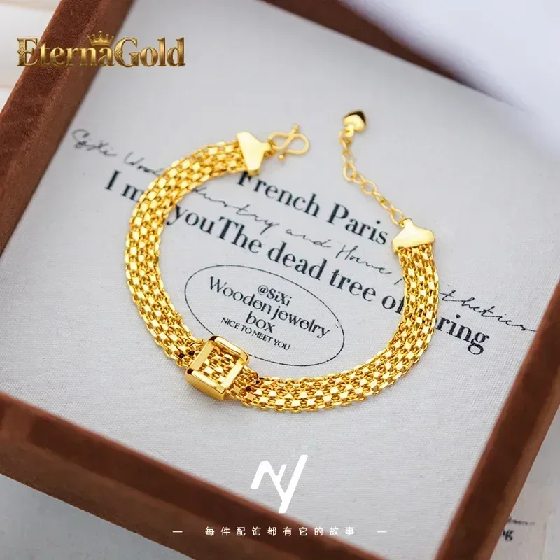 EternaGold  9999 24K real gold light luxury vintage medium braided gold square strap bracelet women's retro high-end silk satin