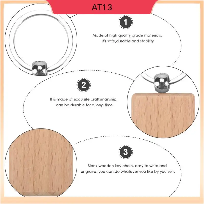 

AT13 100Pcs DIY Blank Wooden Key Chain Rectangle Heart Round Ellipse Carving Key Ring Wood Key Chain Ring