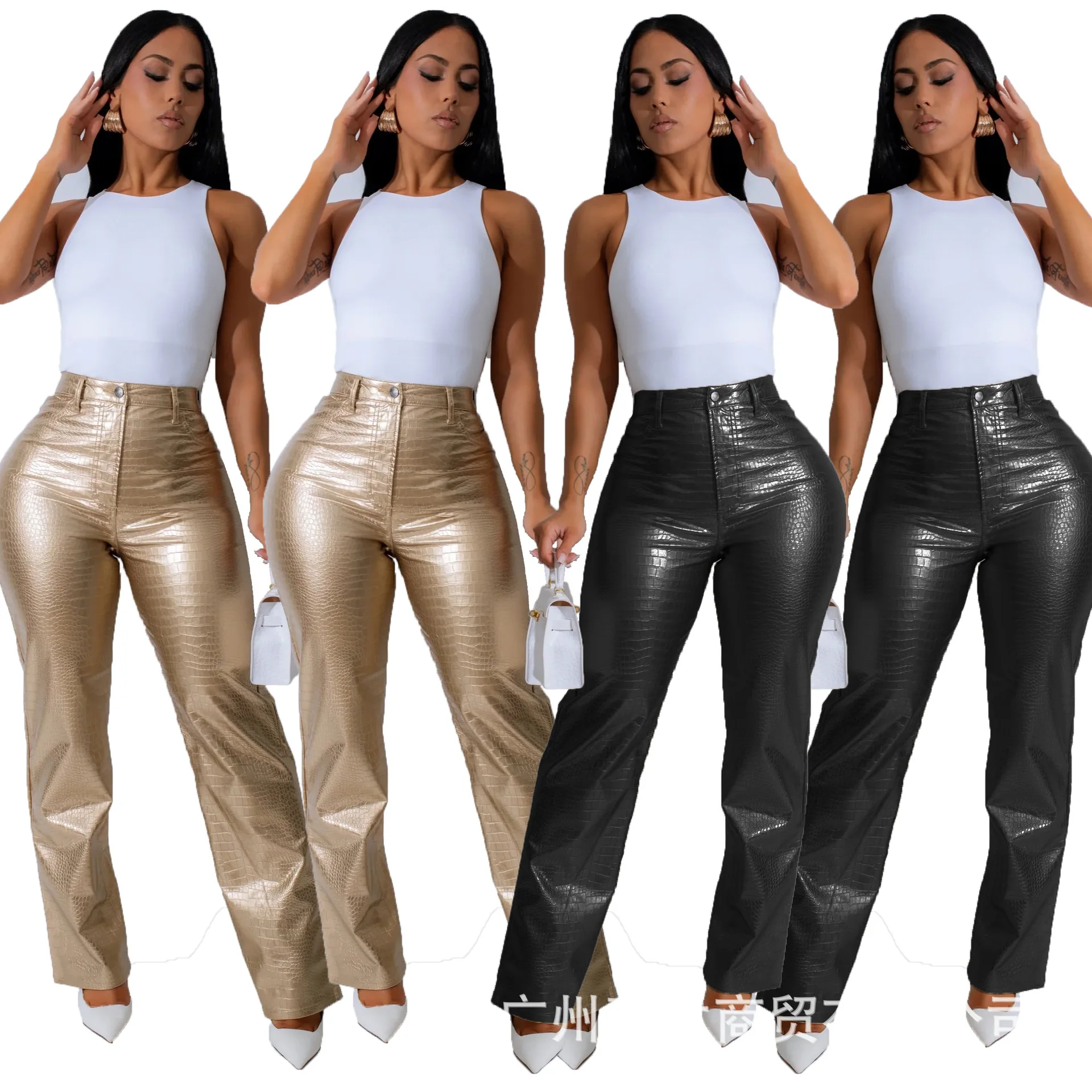 2025 新ファッションアメリカの女性のセクシーなソリッドカラーのスキニーレザーパンツ女性カジュアルトレンディな Sttraight スリムズボン服