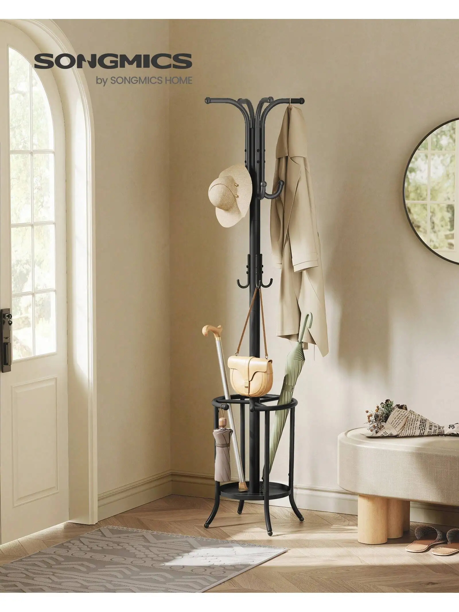 Appendiabiti indipendente SONGMICS: 12 ganci, portaombrelli, altezza 175 cm. Metallo. Per ingresso, corridoio, soggiorno, camera da letto.