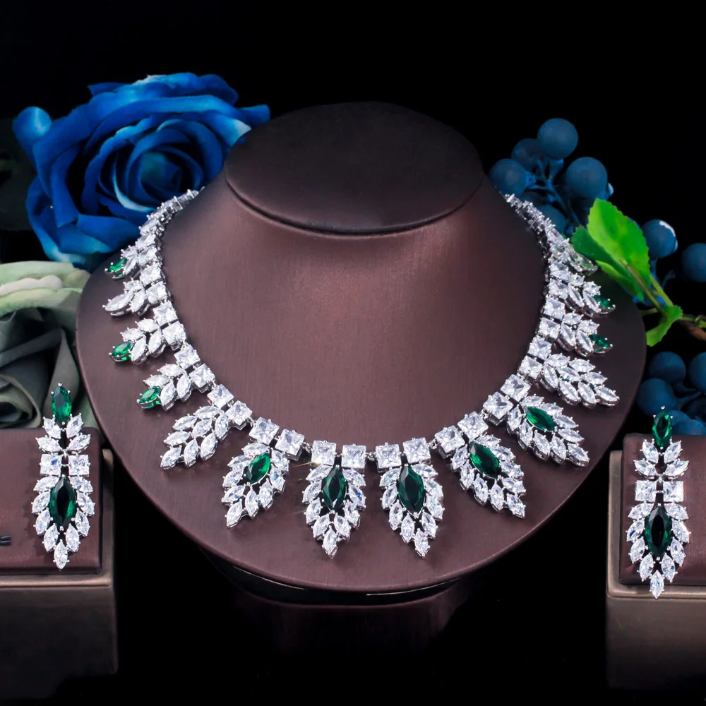 ThreeGraces Green White Cubic Zirconia Stone Luxurious Big Necklace and Earrings Bridal Wedding Prom Jewelry Set for Women TZ849